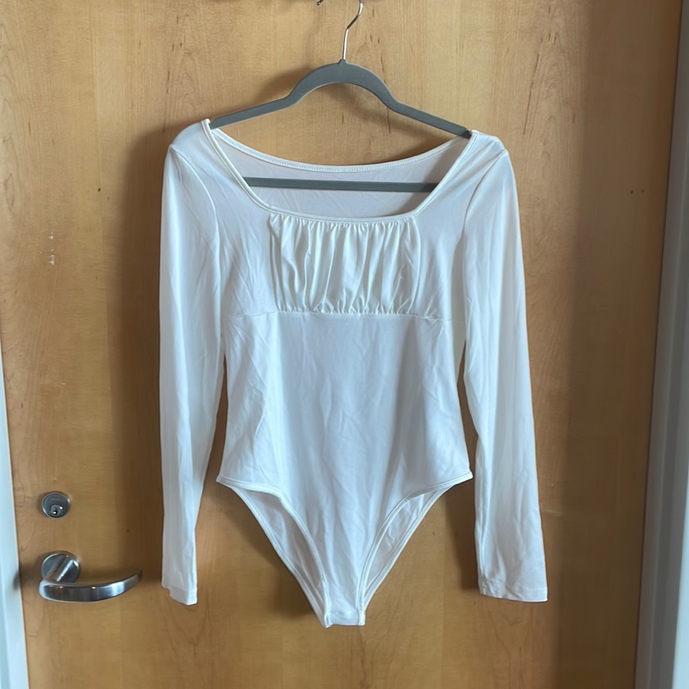 White Long Sleeve Scoop Neck Shein Body Suit with Ruching Over Boobs Size L